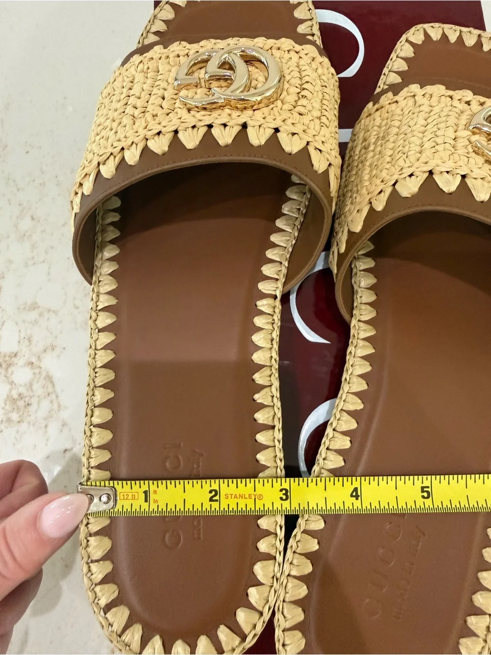 Gucci Brown and Natural Raffia Slide Sandals with Gold Double G